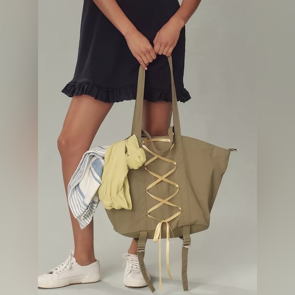 Anthropologie Dasha Lace-Up Tote Bag Trapeze NWT Green Canvas Boho